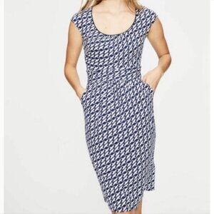 Boden Margot Bird Print Jersey Dress Size 10L Navy White Modal Cotton Cap Sleeve
